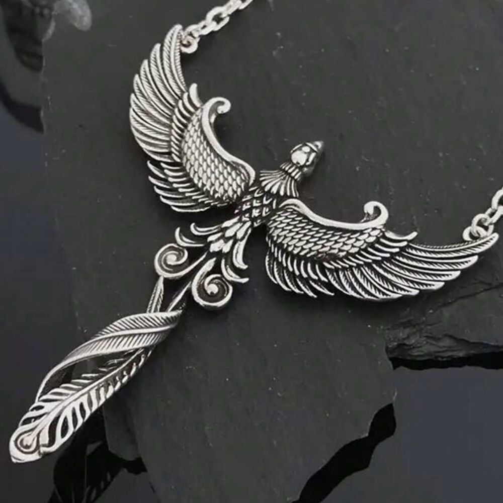 Silver Phoenix Pendant Necklace Engraved Detailing Silver Tone, Elegant Unique - Picture 3 of 5